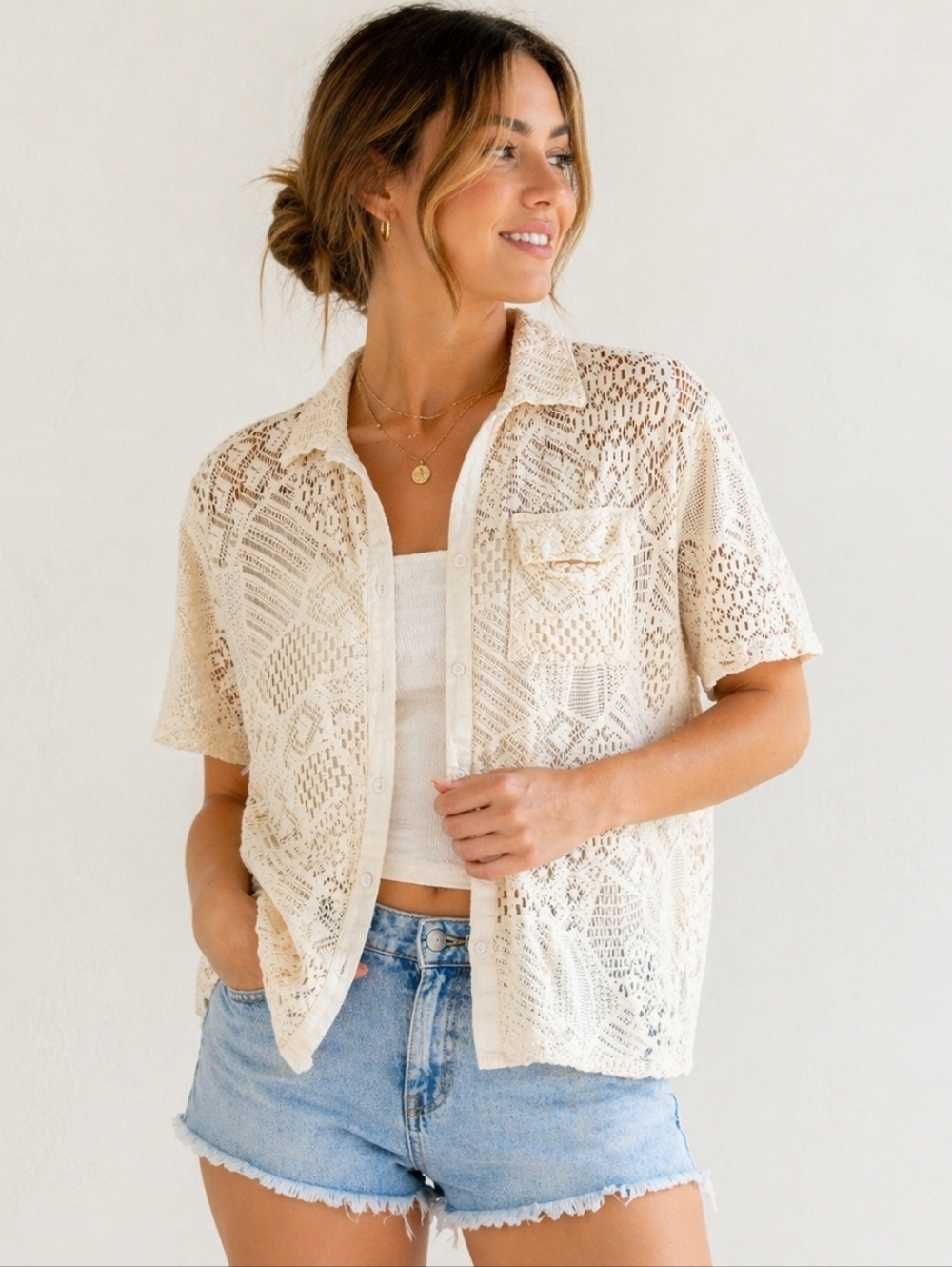 Earthbound Trading Co Crochet Lace Top Boho Button Front Sheer Festival Sz L XL